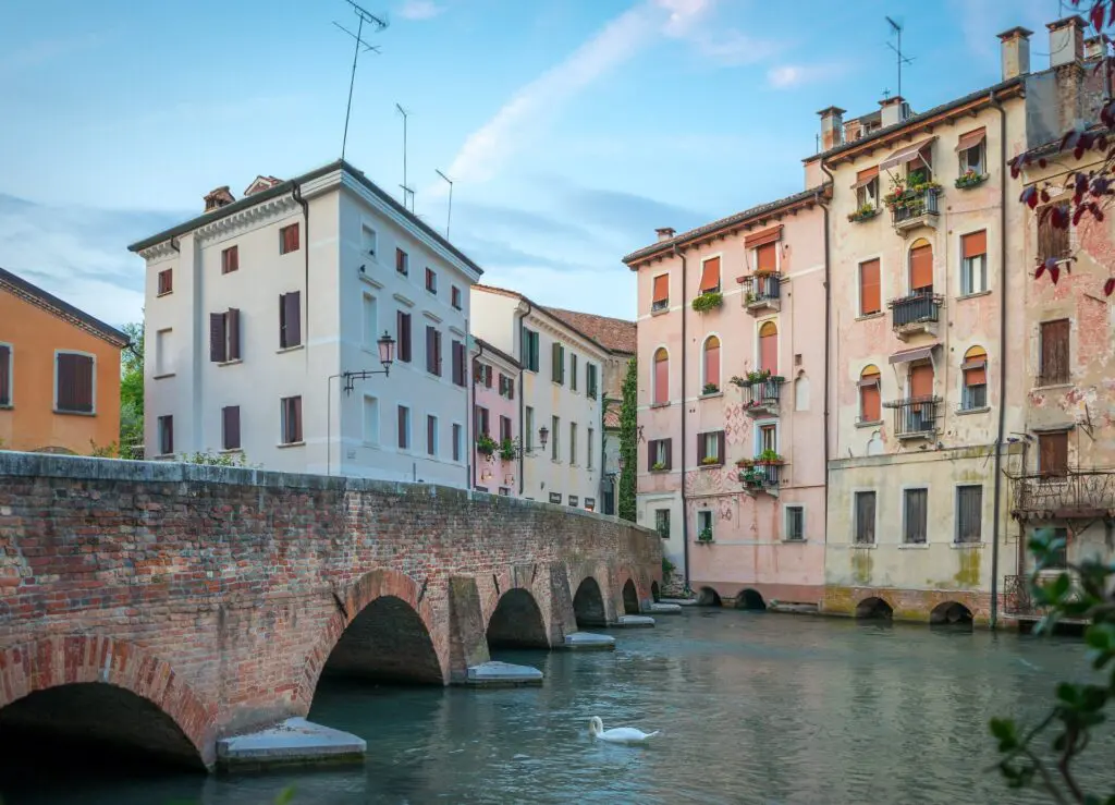 Historic brick bridge crossing a calm river with pastel-colored houses and balconies in an Italian town, with a white swan swimming in the foreground and a clear blue sky in the background.