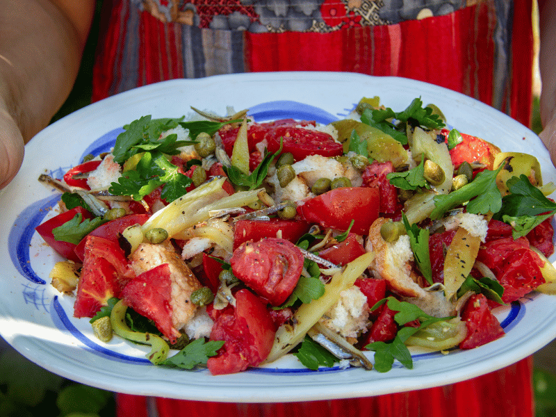 Panzanella: : a cold bread salad with tomato, red onion, olive oil and a splash of vinegar